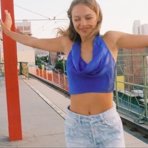 Zara Blue Satin Cowl Neck Crop Top